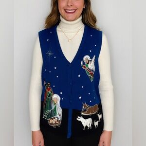 Vintage Westbound Women's Blue Christmas Nativity sweater Vest Petite Large